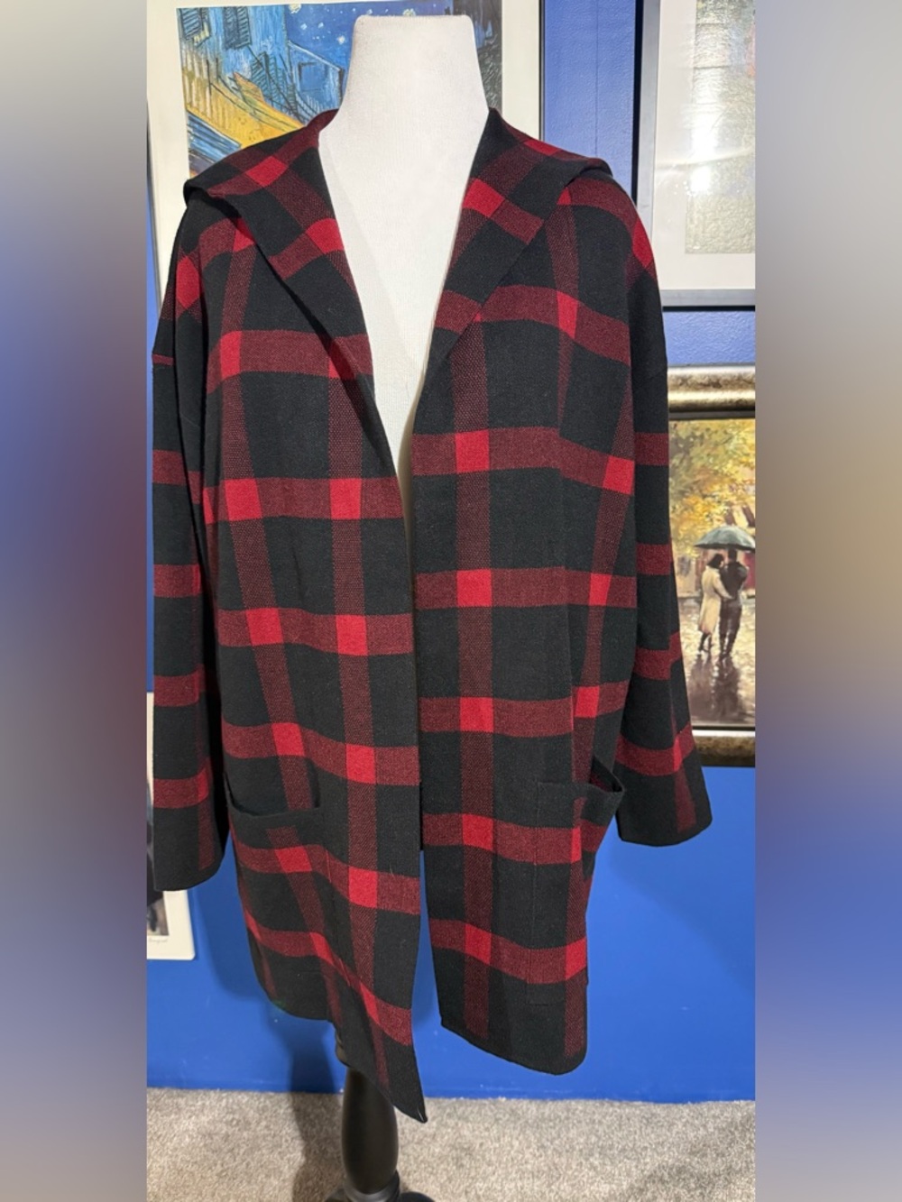 Anne Klein Red and Black Plaid Hooded Pea Coat